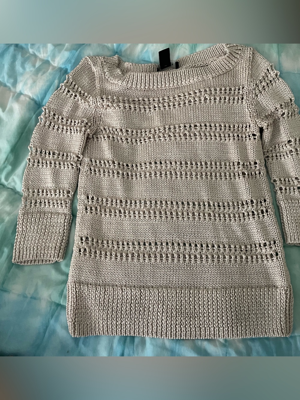 White House Black Market Light Gray Open-Knit Scoop Neck Sweater